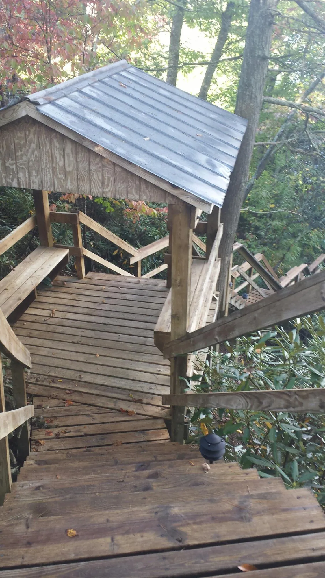 Metal roofed shelter over wooden steps on a wooded walkway — Skylight Repair & Installation work by our crew in Rural Hall